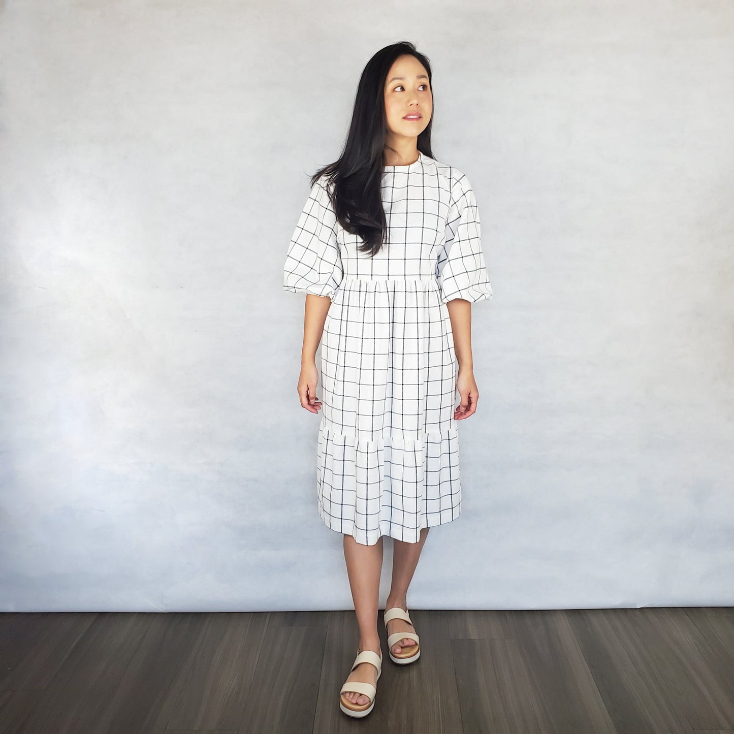 TOFU Dress with bubble sleeves - Blue windowpane, size 3XL