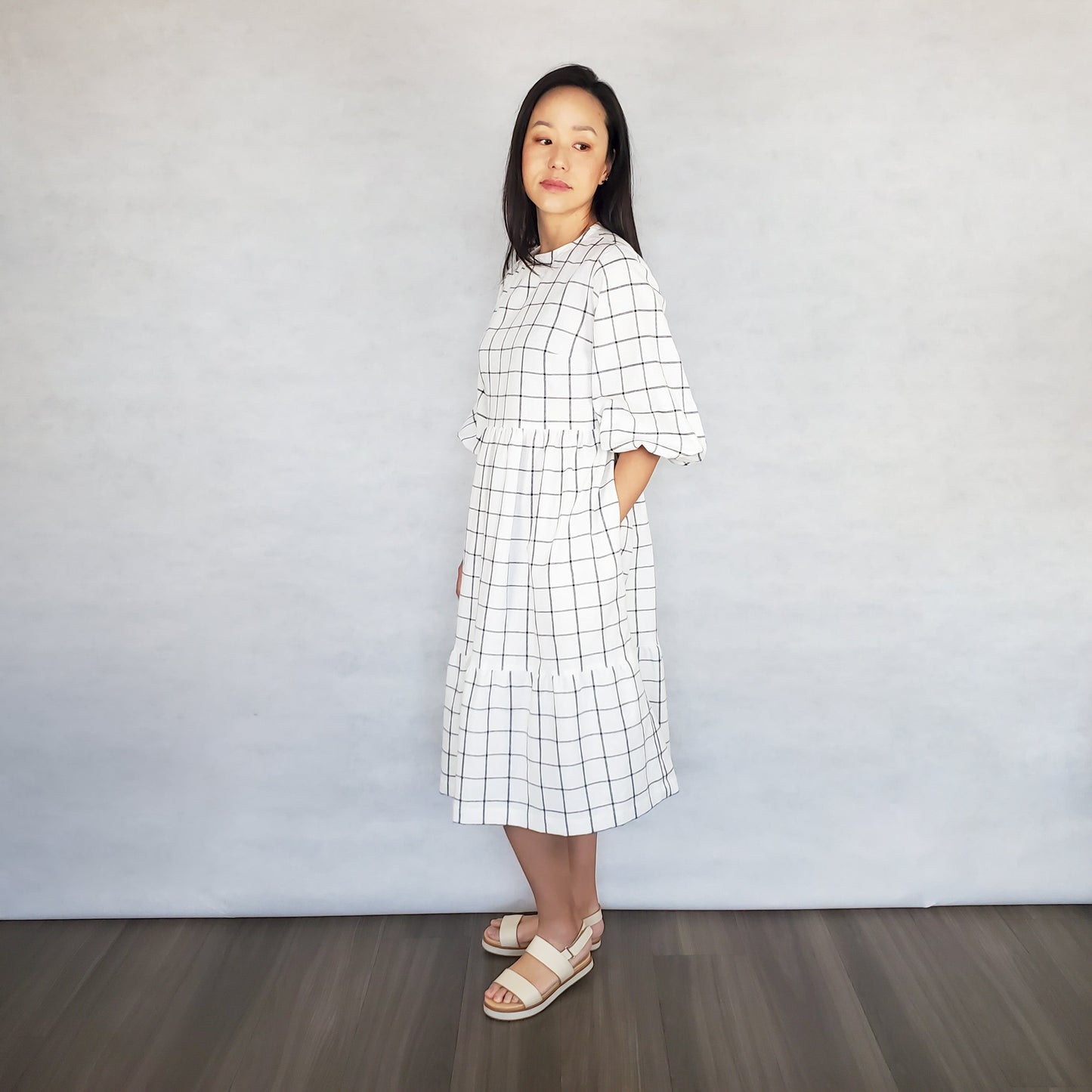 TOFU Dress with bubble sleeves - Blue windowpane, size 3XL